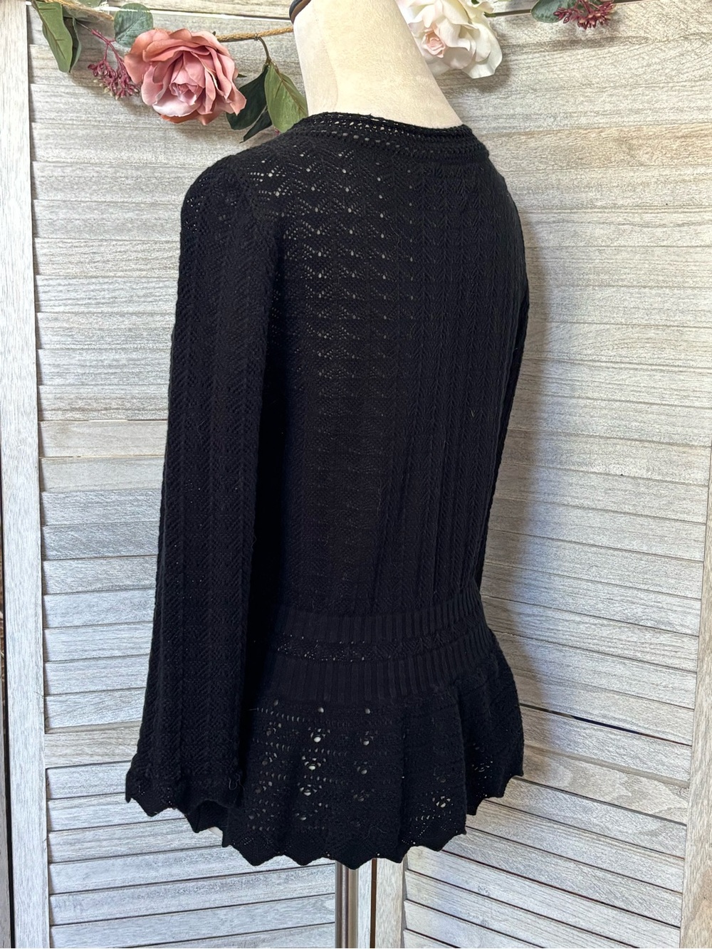 Y2K Vintage EXPRESS Black Crochet Knit Cardigan w/ Crochet Peplum, Women’s SZ LG - Picture 4 of 16